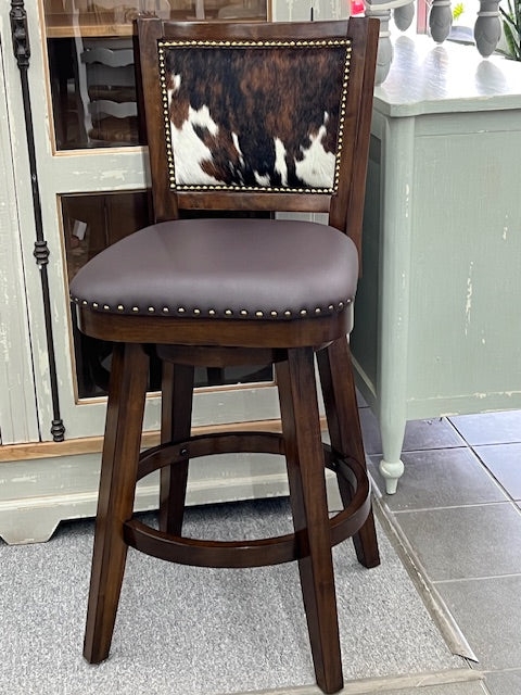 Bar Stool: Brass Nailheads, Swivel Base Cowhide Backrest, Tapered Legs