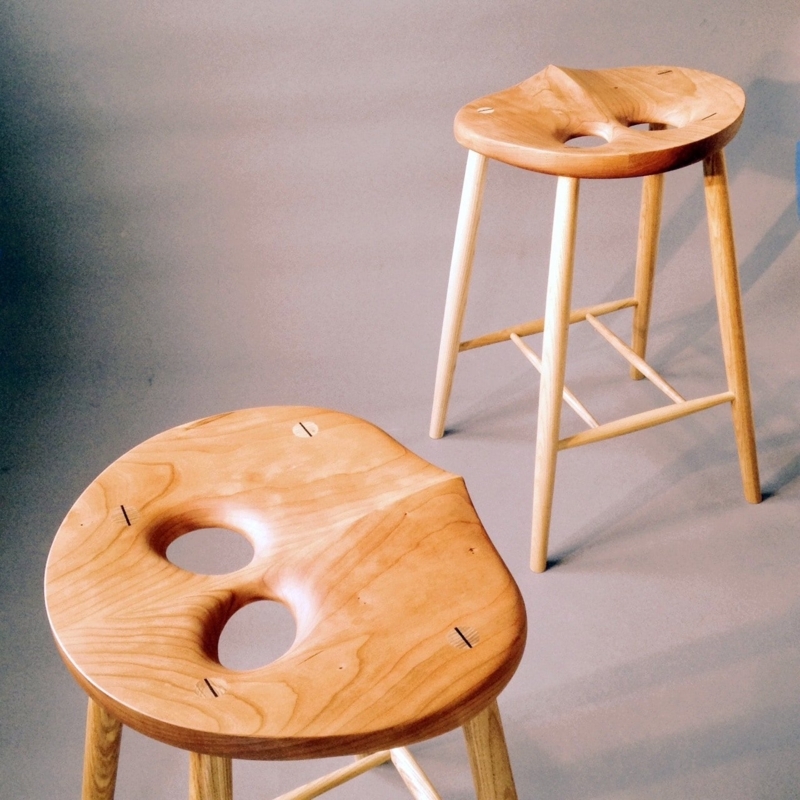 Bar Stool Carved Ergonomic Seat Dual Cutouts Exposed Joinery Organic