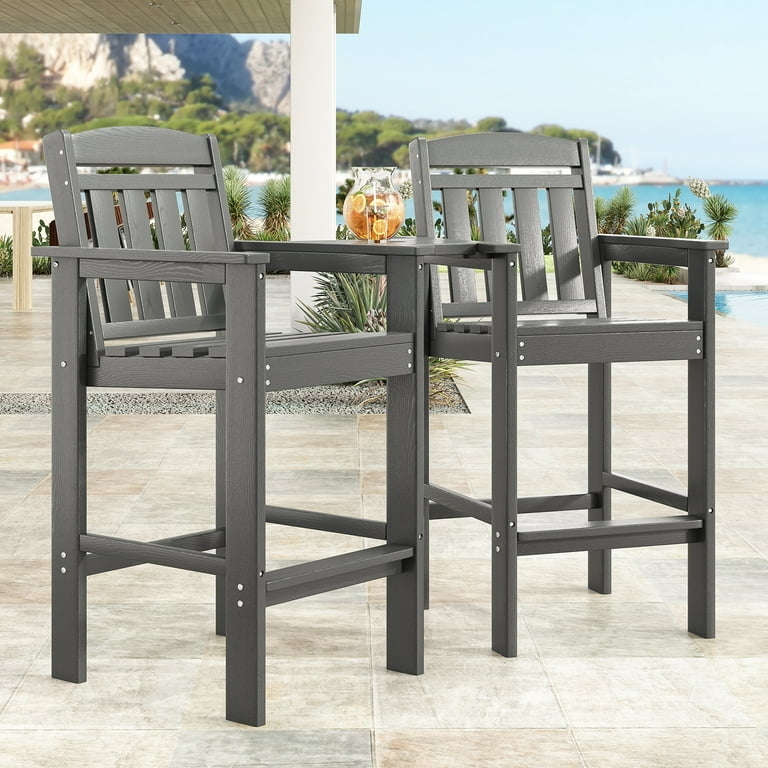 Bar Stool Charcoal Grey Connecting Tray Slatted Back Weather Resistant