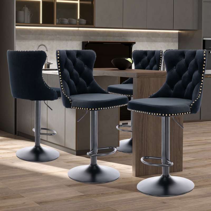 Bar Stool Charcoal Wingback Tufted Nailhead Trim Matte Black Base