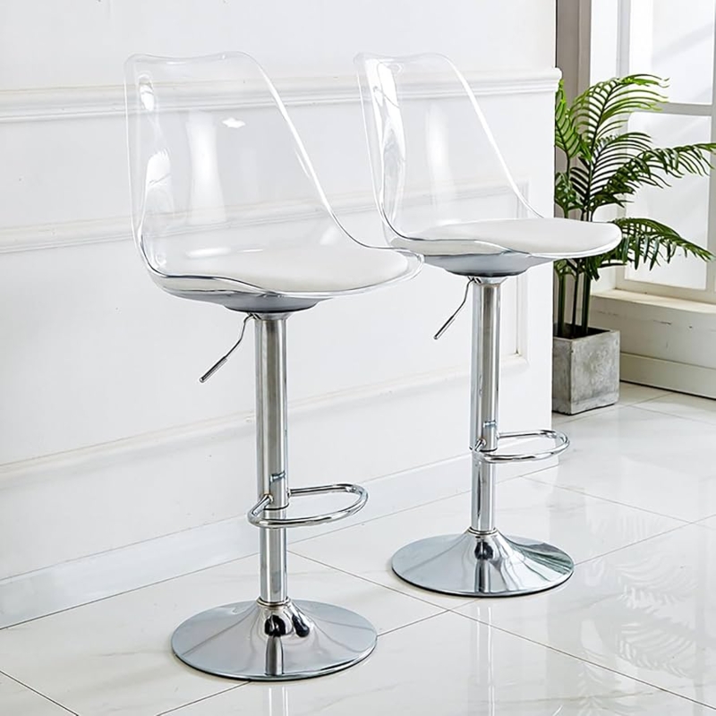 Bar Stool Chrome Pedestal Base Transparent Acrylic Back White Seat