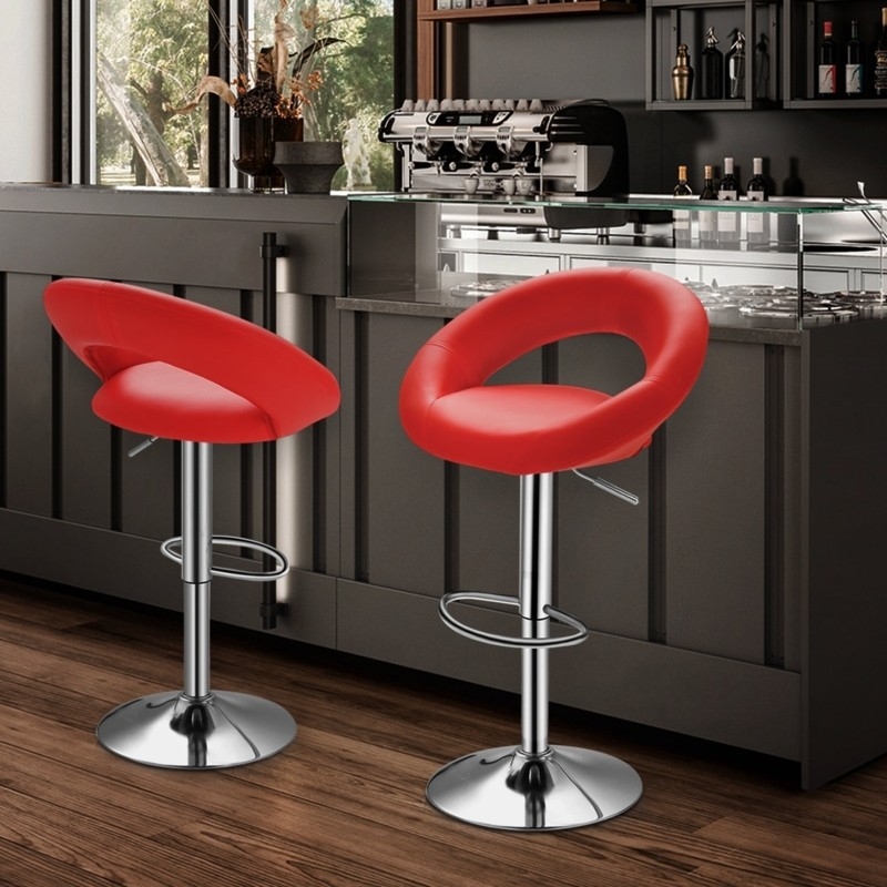 Bar Stool Circular Cutout Back Vibrant Red Polished Chrome Swivel