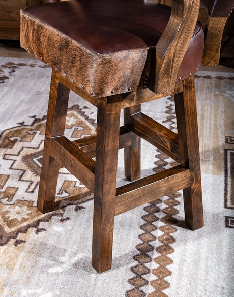 Bar Stool: Cowhide Apron, Curved Arms, Nailhead Accents Swivel Base