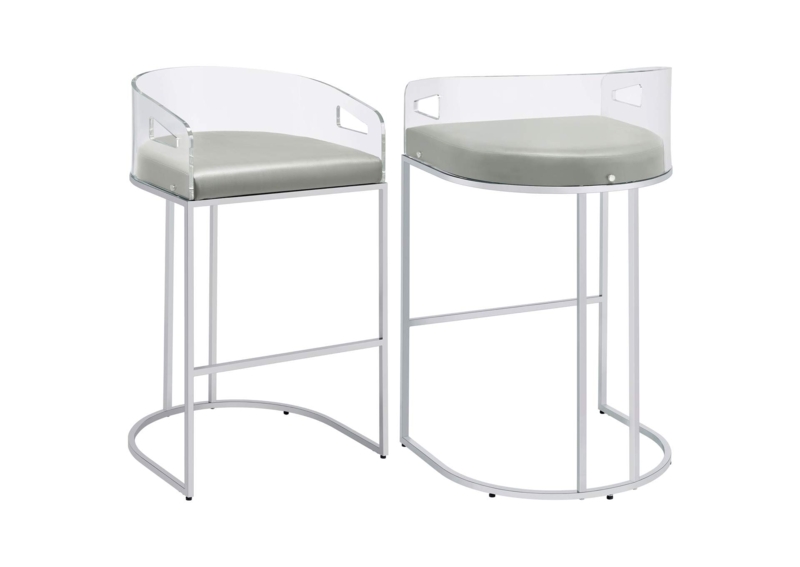 Bar Stool Curved Acrylic Back Cutout Handles Gray Padded Seat, Chrome