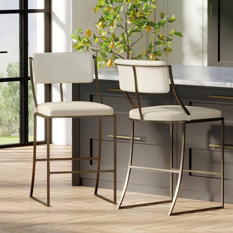 Bar Stool Curved Back Legs Beige Upholstered Seat Sled Base