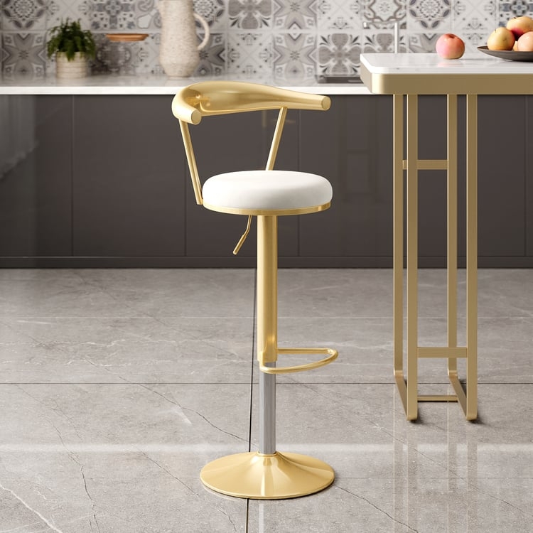 Bar Stool Curved Gold Backrest White Velvet Pedestal Base Adjustable
