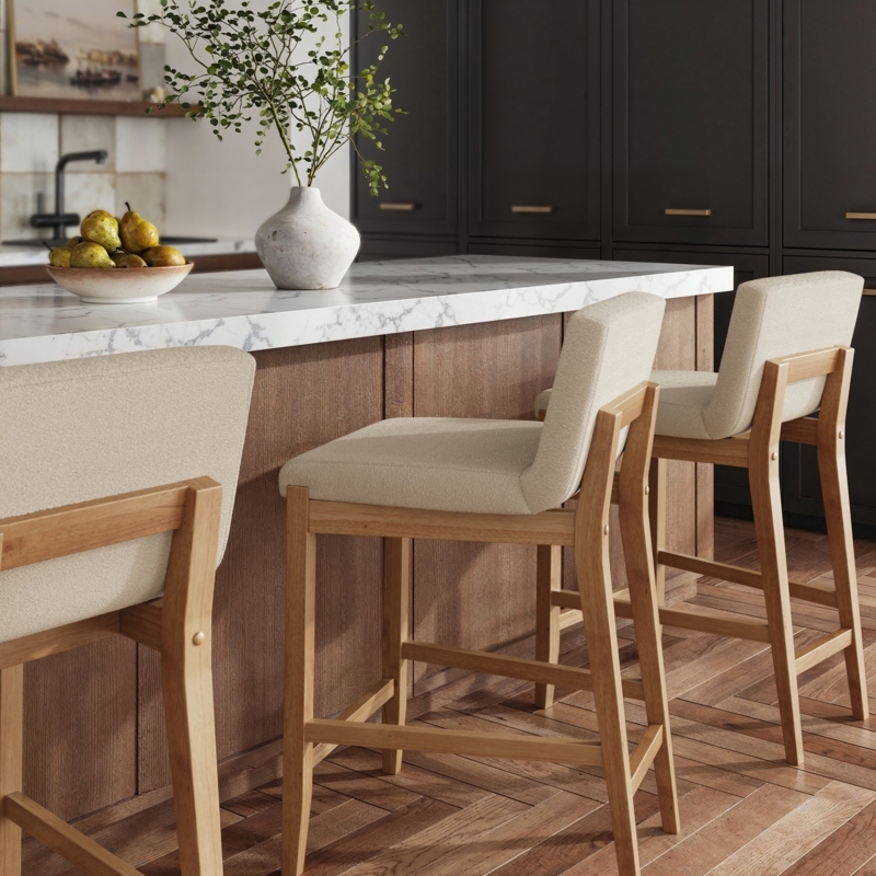 Bar Stool Exposed Back Frame Textured Upholstery Warm Pine Scandi