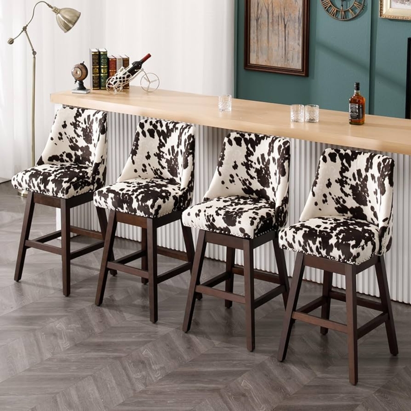 Bar Stool: Flared Backrest, Cowhide Print, Dark Wood Legs Farmhouse