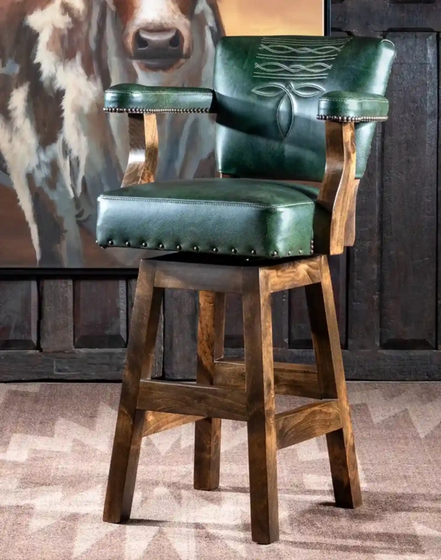 Bar Stool Forest Green Leather Like Embroidered Back Swivel Arms