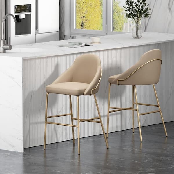 Bar Stool Gold Wrap Around Frame Tan Leather-Like Bucket Seat