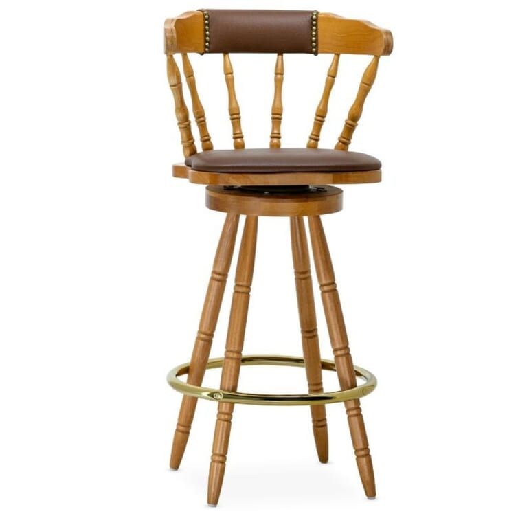 Bar Stool Honey Oak Spindle Back Swivel with Brass Footrest Ring