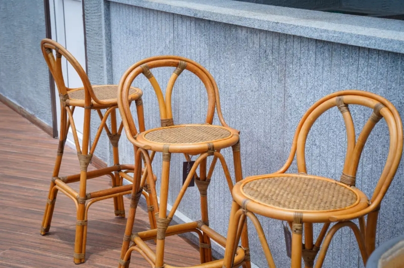 Bar Stool Honey Rattan with Wrapped Joints and Curved Bentwood Back