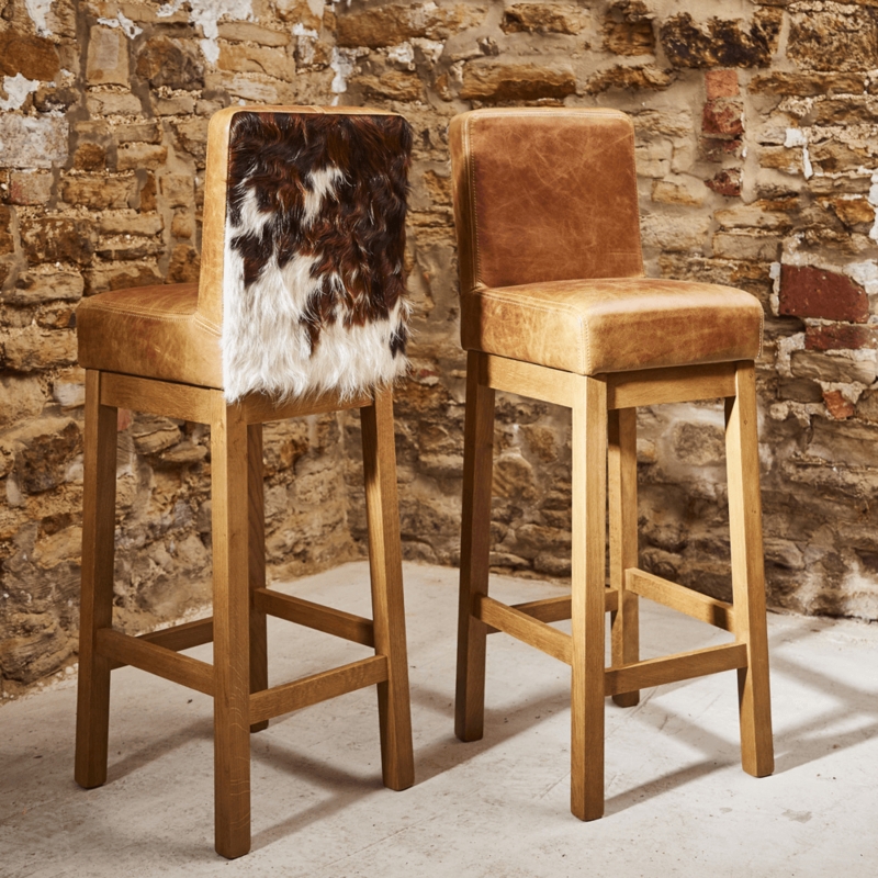 Bar Stool: Honey Tan Leather, Cowhide Back Panel, Wood Frame Rustic