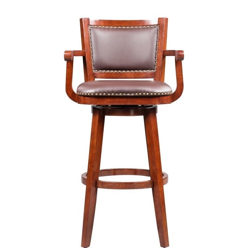 Bar Stool in Cherry Wood with Swivel and Nailhead Trim Captains Chair