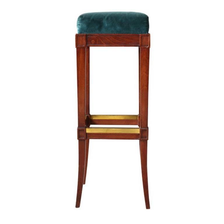 Bar Stool in Mahogany Stain with Teal Cushion and Brass Footrests