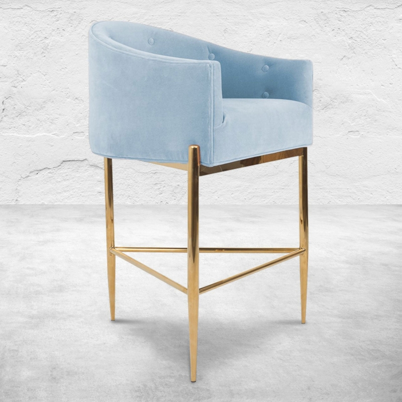 Bar Stool in Sky Blue Velvet with Button Tufted Back and Polished Legs