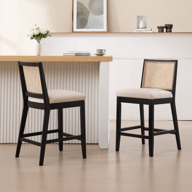 Bar Stool Matte Black Frame with Square Beige Linen Seat Cane Back