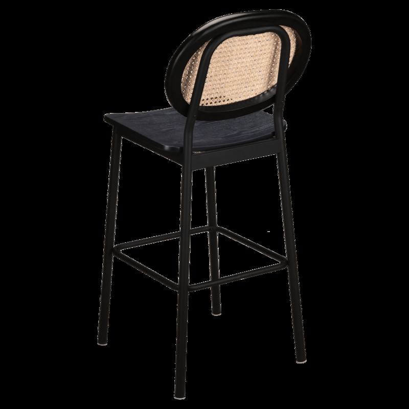 Bar Stool Matte Black Metal Frame with Circular Cane Back Bistro Style