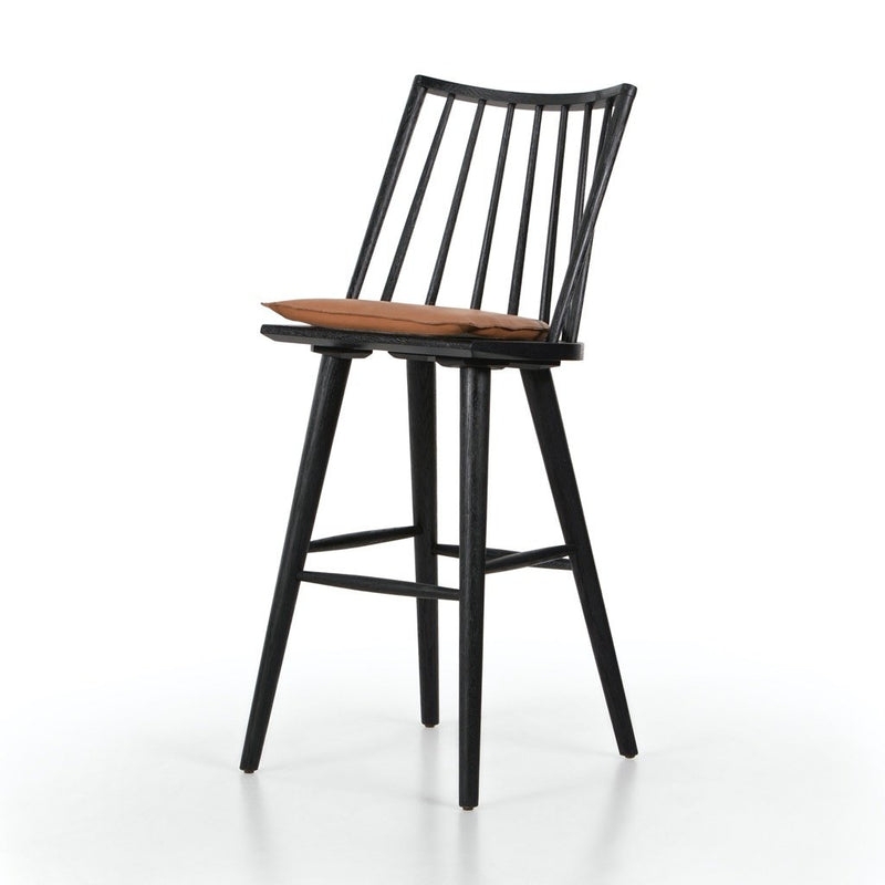 Bar Stool, Matte Black Spindled Back with Saddle Brown Cushion.