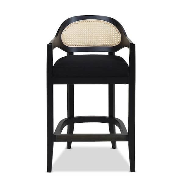 Bar Stool Matte Black with Curved Barrel Frame and Woven Cane Back