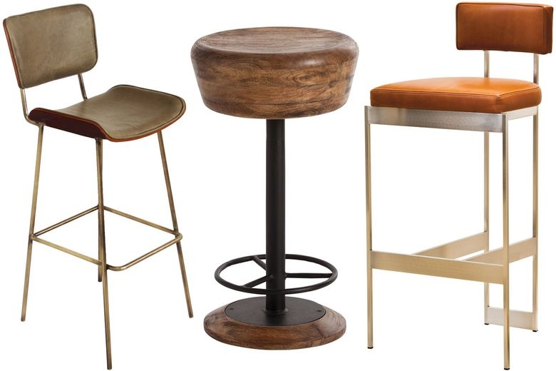 Bar Stool Mixed Material Seating Cognac Orange Antique Brass Frame