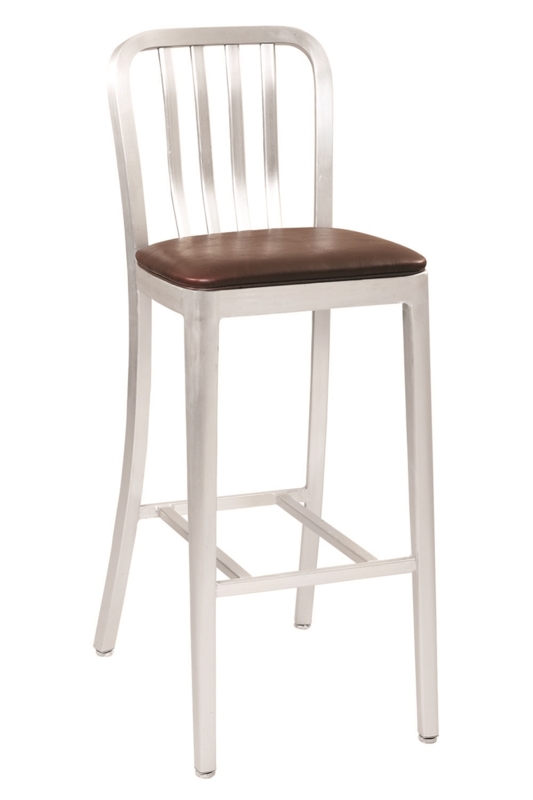 Bar Stool Navy Style Slat Back Brushed Metal Dark Brown Padded Seat