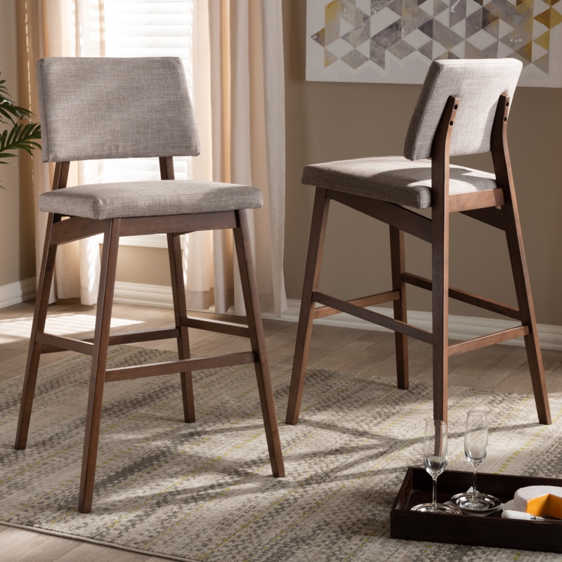 Bar Stool Open Back Tapered Legs Mid Century Modern Gray Fabric