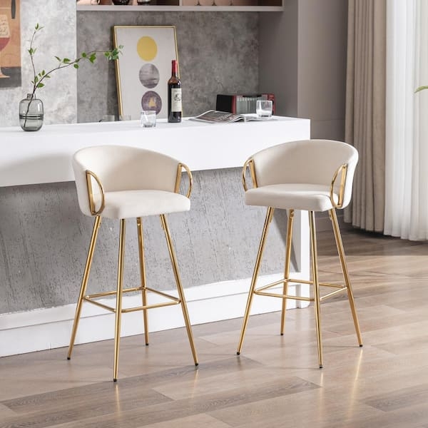 Bar Stool Open Loop Arms Champagne Velvet Texture Tapered Gold Legs
