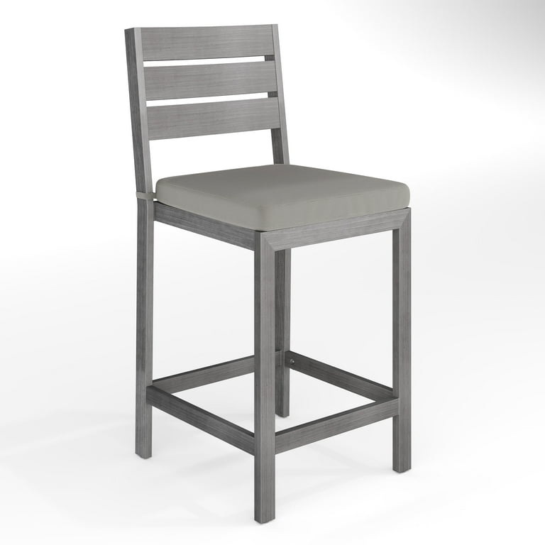 Bar Stool Outdoor Brushed Woodgrain Aluminum Gray Cushion Slatted Back