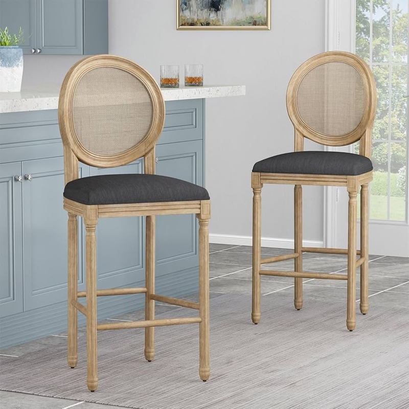 Bar Stool: Oval Cane Back Charcoal Upholstered Seat Natural Finish