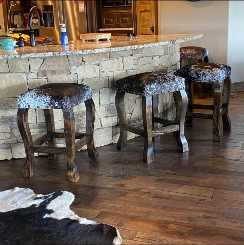 Bar Stool: Peppered Cowhide Seat, Flared Wood Legs Backless Western