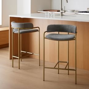 Bar Stool Petrol Blue Velvet Brass Frame Curved Back Contemporary Seating