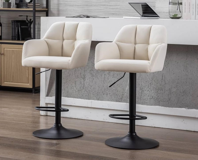 Bar Stool Quilted Beige Fabric Black Pedestal Base Swivel