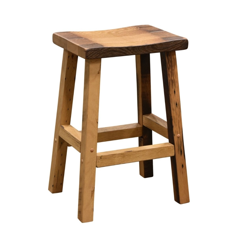 Bar Stool Reclaimed Texture Scooped Seat Multi Toned Wood Farmhouse