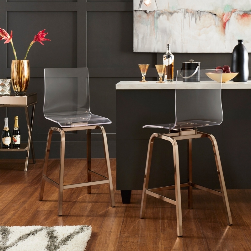 Bar Stool Rose Gold Frame Swivel Base, Clear Acrylic High Back Seating