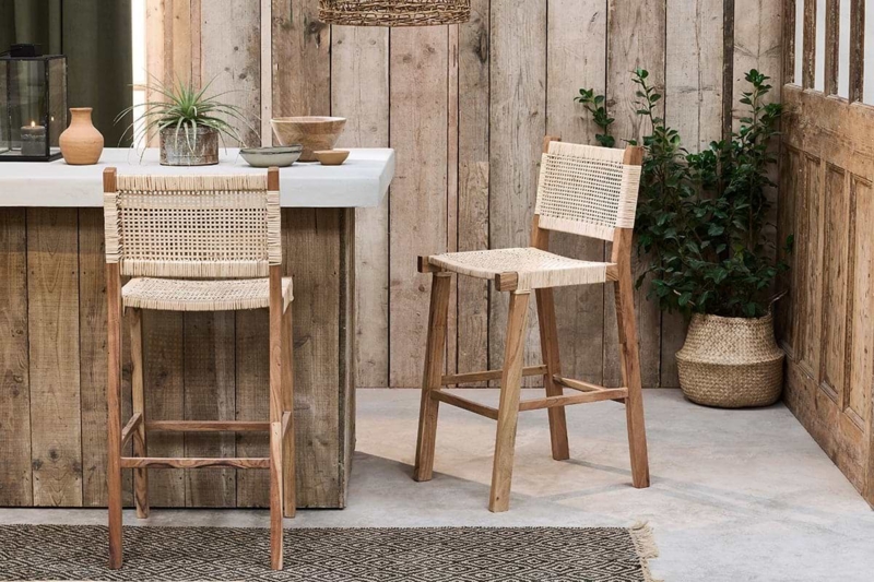 Bar Stool Rustic Wood Frame with White Rattan Texture Woven Panels