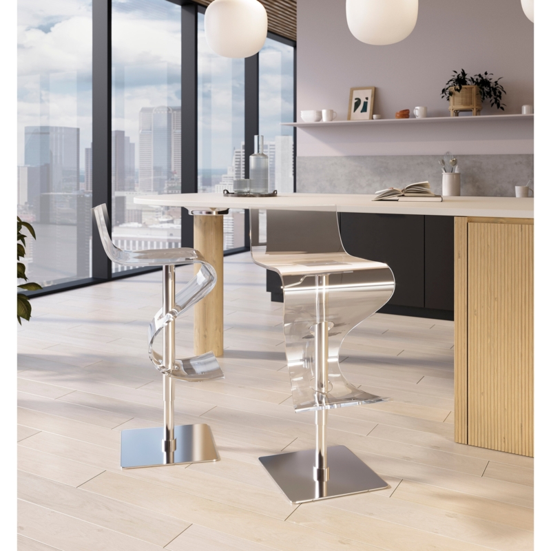 Bar Stool S-Shaped Acrylic Seat Chrome Pedestal, Adjustable Swivel Chair