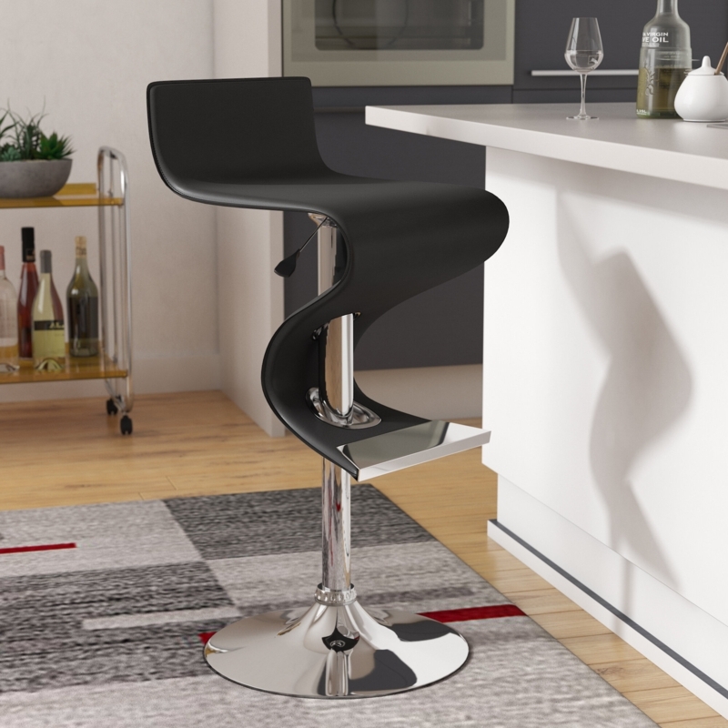 Bar Stool S Shaped Silhouette Matte Black Polished Chrome Pedestal