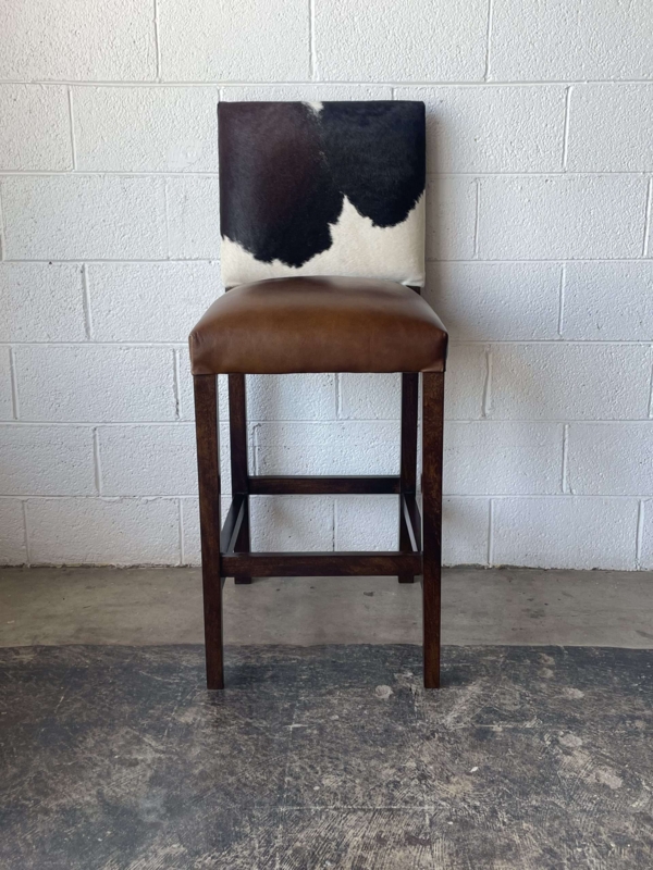 Bar Stool: Saddle Brown Leather Seat, Cowhide Back, Dark Wood Frame