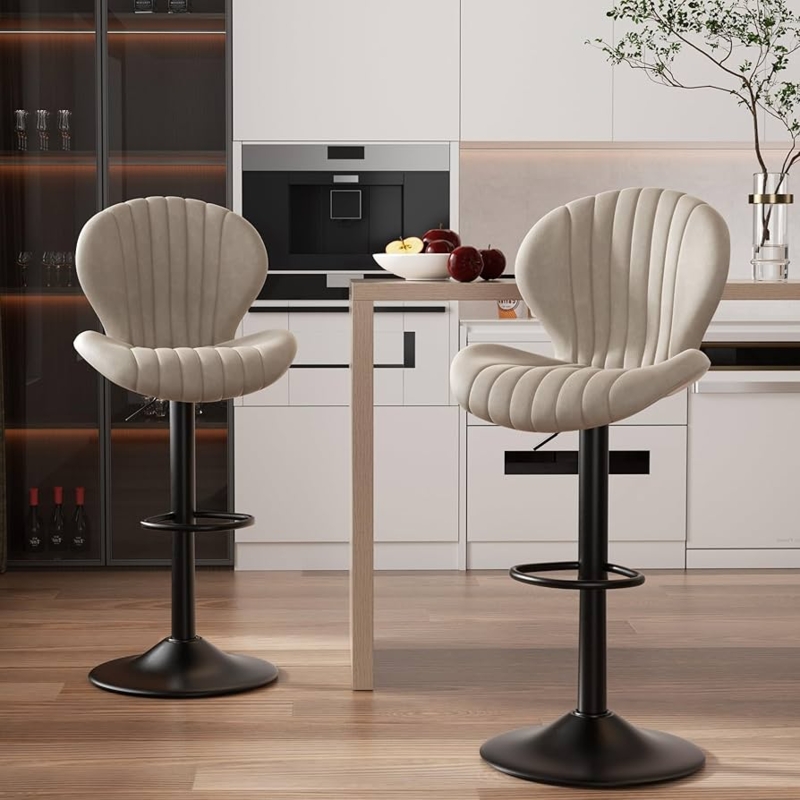 Bar Stool Scalloped Backrest Vertical Channeling Matte Black Base
