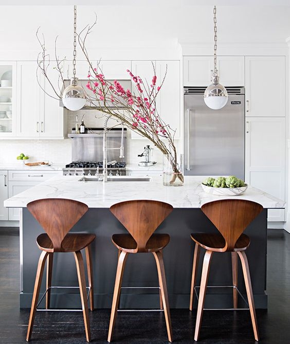 Bar Stool Sculptural Silhouette Walnut Brown Wood Mid Century Style