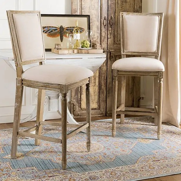 Bar Stool Set of 2: Linen Upholstered Square Back Distressed Grey