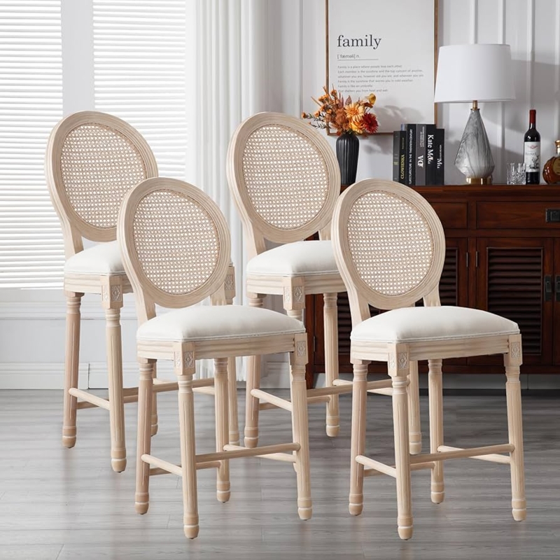 Bar Stool Set of 4: Oval Rattan Back Whitewashed French Country