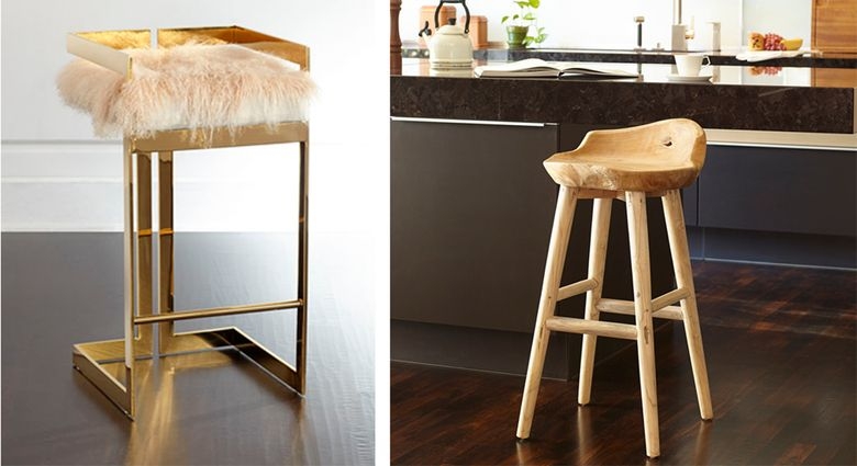 Bar Stool Set Shaggy Fur Upholstery Gold Cantilever Frame