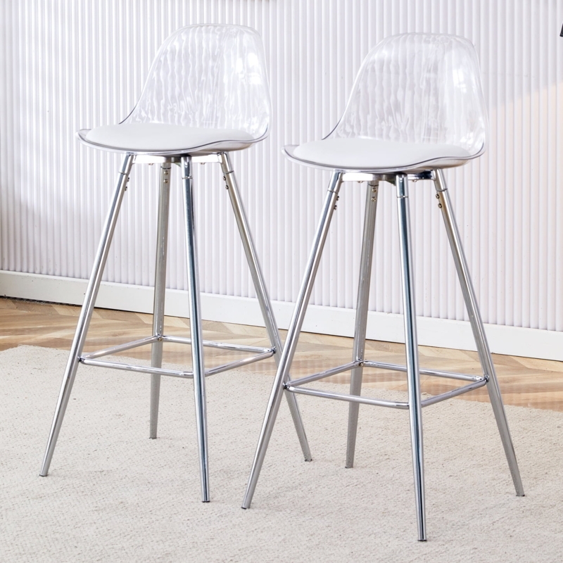 Bar Stool Silver Metal Tapered Legs Acrylic Back White Padded Seat
