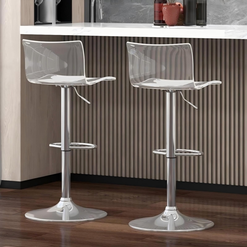 Bar Stool Silver Trumpet Base Transparent Acrylic Low Back Swivel