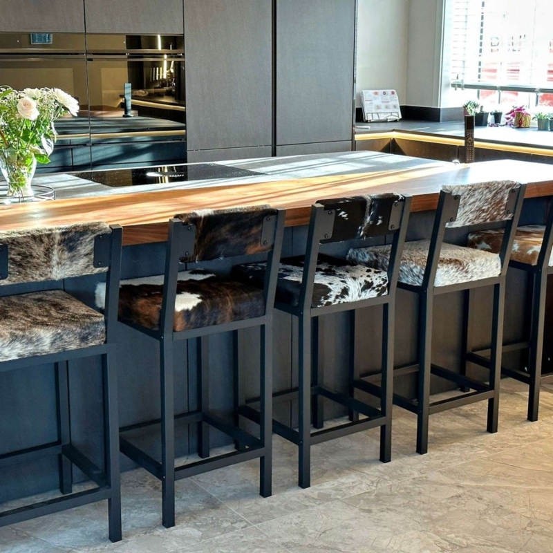 Bar Stool: Square Tubular Frame, Industrial Chic Matte Black Cowhide