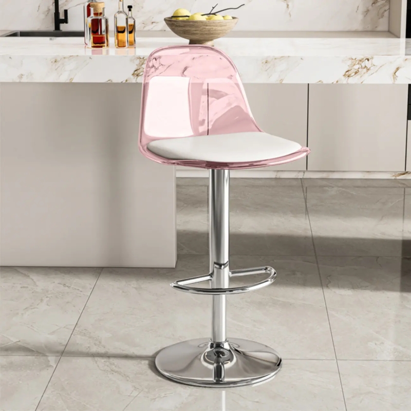 Bar Stool Translucent Rose Pink Acrylic White Cushion Chrome Base