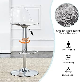 Bar Stool Transparent Backrest Chrome Pedestal Base, Adjustable Swivel