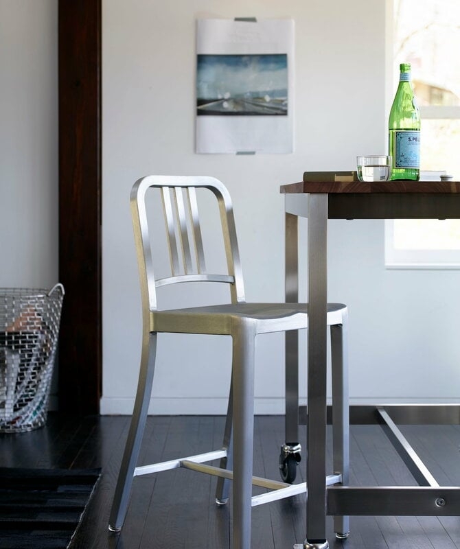 Bar Stool Triple Slat Back Curved Top Rail Brushed Aluminum Navy Style